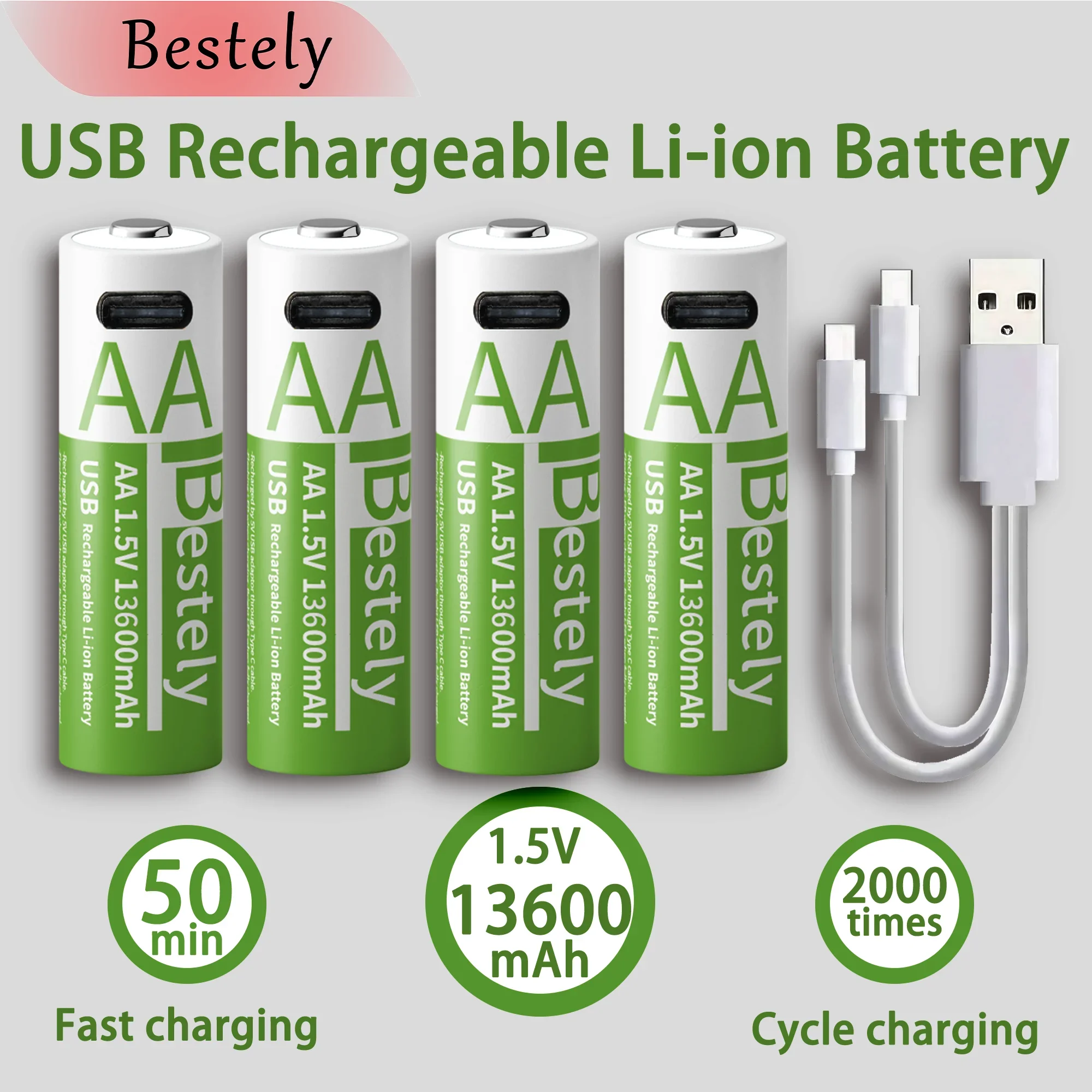 1,5 V Aa Lithium-Batterie 13.600 Mah – Wiederaufladbar Mit Usb-C, Li-Ionen-Akku Mit Bis Zu 2000 Ladezyklen Aa Lithium Batterie