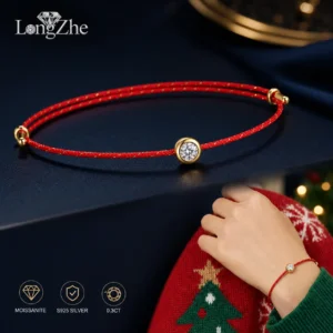 Moissanit-Armband für Damen 0,3CT Rundschliff S925 Silber Verstellbares Rotes Schnur-Armband Buntes Kordel-Glücksbringer Geschenk