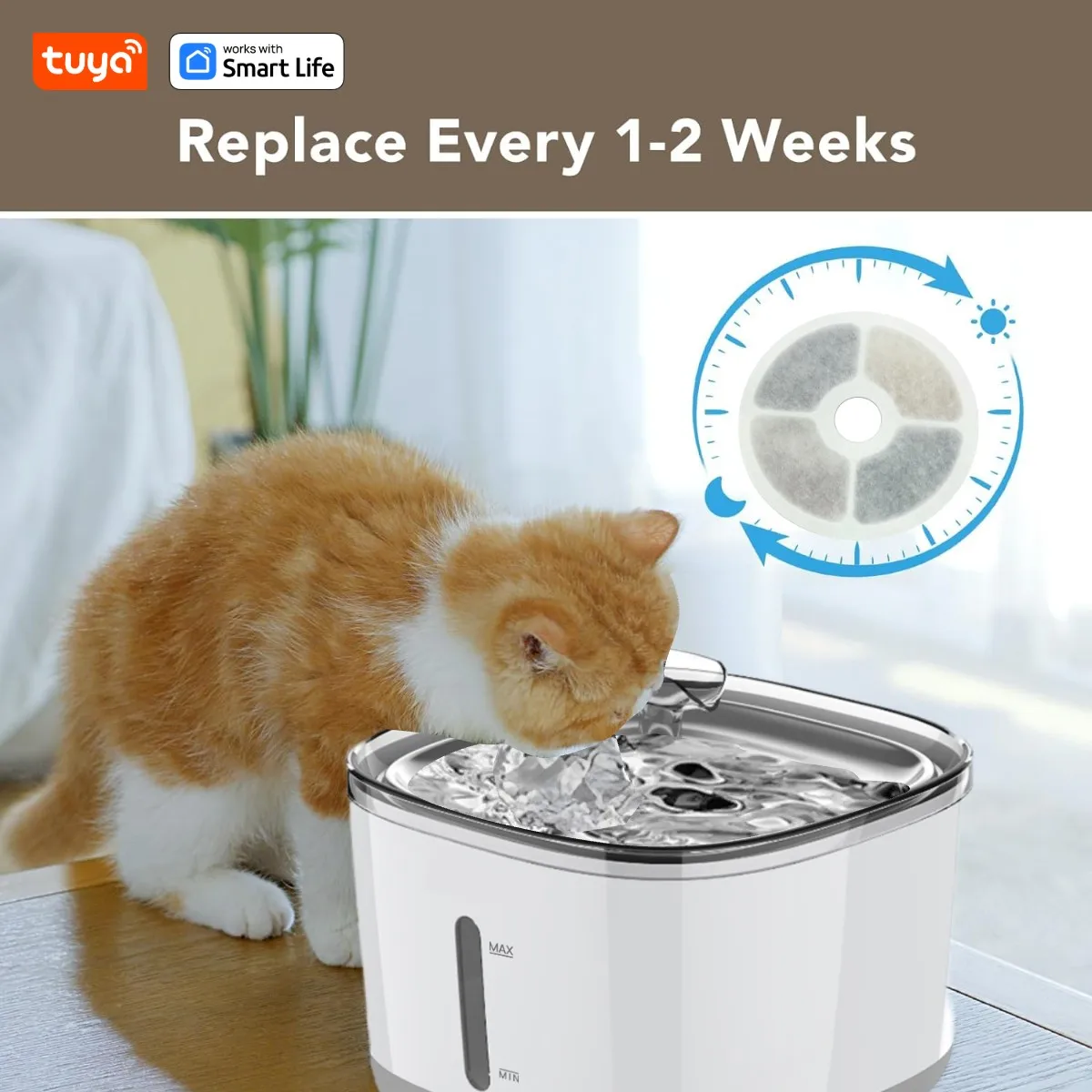 Katzen-Wasserbrunnen, 2,5 L/84 Oz Tuya Smart App Haustier-Wasserbrunnen, Automatischer Wasserspender Für Katzen Im Inneren Mit Sus304-Schüssel Katzen-Wasserbrunnen, 2,5 L/84 Oz Tuya Smart App Haustier-Wasserbrunnen, Automatischer Wasserspender Für Katzen Im Inneren Mit Sus304-Schüssel - Image 6