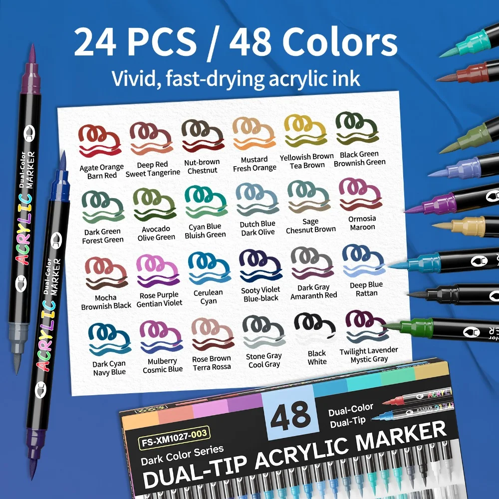 Flysea 48-Farben Vibrant Black Series Acrylmarker – Doppelspitzen-Design Mit Pinselspitze Und 1 Mm Feiner Spitze, Wasserfest Und Nicht Abwischbar Flysea 48-Farben Vibrant Black Series Acrylmarker – Doppelspitzen-Design Mit Pinselspitze Und 1 Mm Feiner Spitze, Wasserfest Und Nicht Abwischbar - Image 4