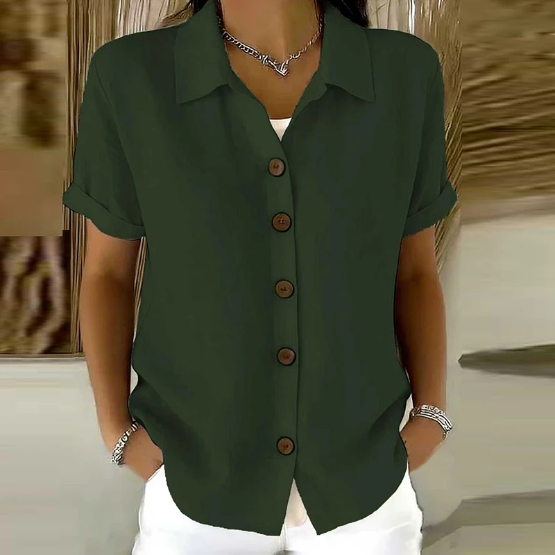 Elegante Damen-Sommerblusen Aus Baumwolle Und Leinen, Kurzarm, Reverskragen, Knopfleiste, Einfarbig, Lockeres Hemd, Lässige Damenbluse, Cardigan-Oberteile Elegante Damen-Sommerblusen Aus Baumwolle Und Leinen, Kurzarm, Reverskragen, Knopfleiste, Einfarbig, Lockeres Hemd, Lässige Damenbluse, Cardigan-Oberteile - Image 10