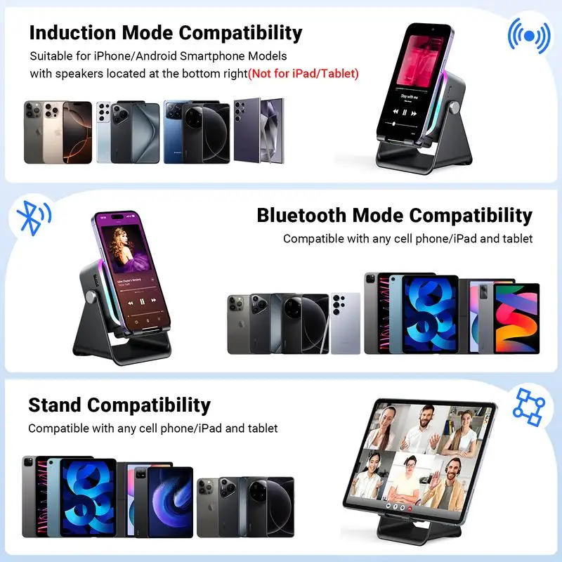 Kabelloser Bluetooth-Lautsprecherständer Mit Smartphone-Halterung – 360° Verstellbarer Tablet-Ständer Mit Rgb-Ambientelicht Kabelloser Bluetooth-Lautsprecherständer Mit Smartphone-Halterung – 360° Verstellbarer Tablet-Ständer Mit Rgb-Ambientelicht - Image 5