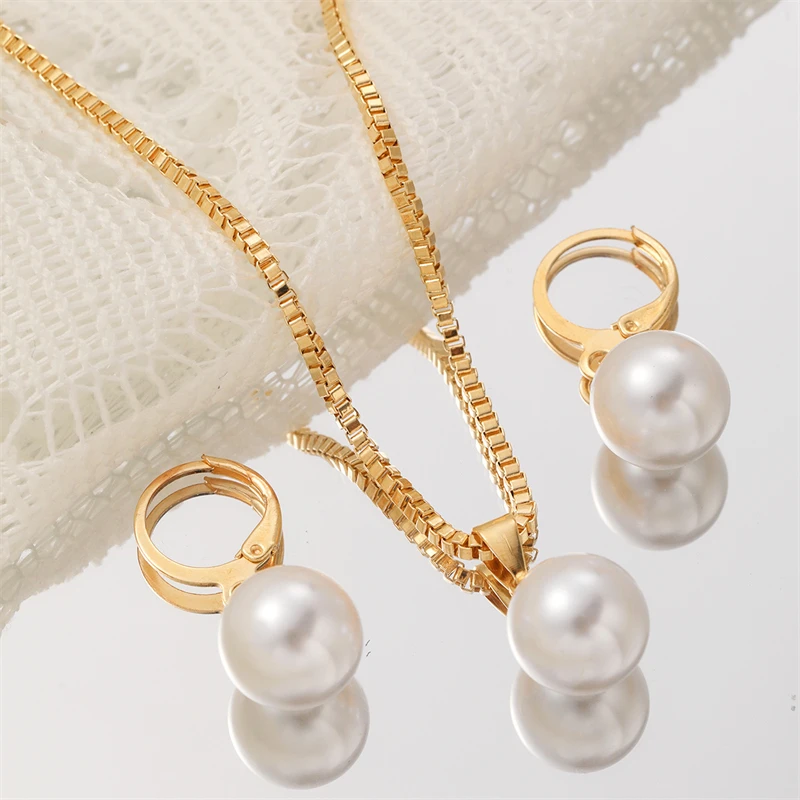 Mode Elegante Imitation Perle Anhänger Schmuck-Set Für Frauen Vintage Gold Farbe Kette Halskette Ohrring Mädchen Hochzeit Party Geschenke Mode Elegante Imitation Perle Anhänger Schmuck-Set Für Frauen Vintage Gold Farbe Kette Halskette Ohrring Mädchen Hochzeit Party Geschenke - Image 3