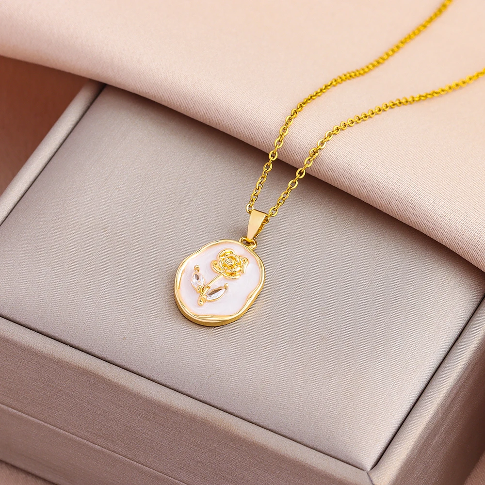 Top Luxus 18K Gold Überzogene Elegante Retro Oval Rose Anhänger Halsketten Für Frauen Weibliche Edelstahl Hals Kette Schmuck Geschenk Top Luxus 18K Gold Überzogene Elegante Retro Oval Rose Anhänger Halsketten Für Frauen Weibliche Edelstahl Hals Kette Schmuck Geschenk - Image 3