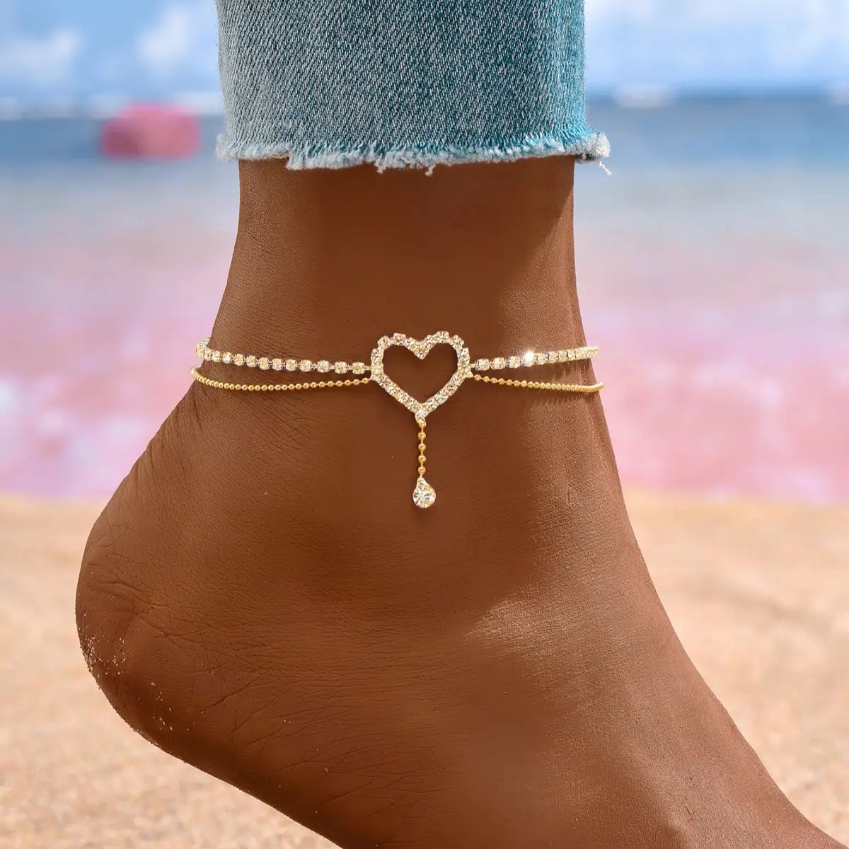 Glänzende Bling Herz Tropfen Quaste Charme Doppel Schicht Fußkettchen Frauen Strand Fuß Kette Urlaub Schmuck Sommer Glänzende Bling Herz Tropfen Quaste Charme Doppel Schicht Fußkettchen Frauen Strand Fuß Kette Urlaub Schmuck Sommer - Image 2