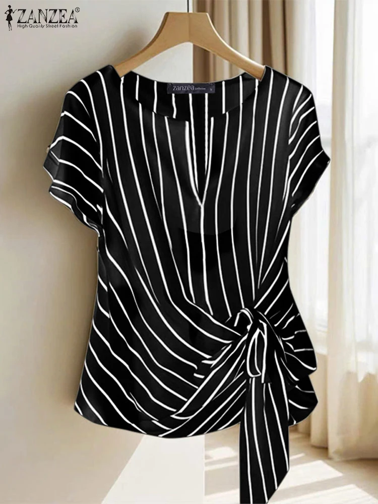 Mode Streifen Bluse 2025, Zanzea Sommer Frauen V-Ausschnitt Kurzarm Tops Elegante Arbeit Ol Hemd Beiläufige Lose Blusas Weibliche Chemise Mode Streifen Bluse 2025, Zanzea Sommer Frauen V-Ausschnitt Kurzarm Tops Elegante Arbeit Ol Hemd Beiläufige Lose Blusas Weibliche Chemise - Image 2