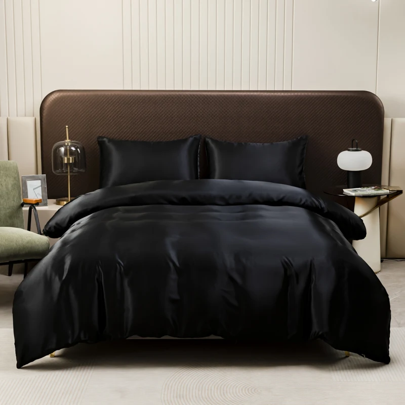 Black Luxury Ice Silk Bedding Set Satin Silky Duvet Cover Set With Pillowcase High-End Home Textiles Solid Color Bed Cover Sets Black Luxury Ice Silk Bedding Set Satin Silky Duvet Cover Set With Pillowcase High-End Home Textiles Solid Color Bed Cover Sets - Image 2