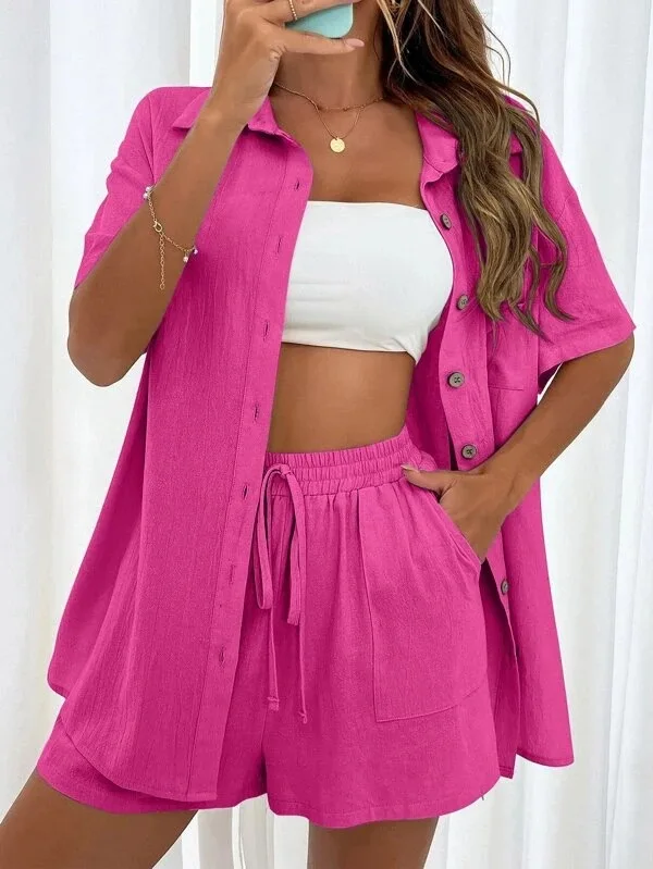 Langarm Einreiher Top Breitbeinige Shorts Set Mode Damen Sexy Solide Anzüge 2024 Sommer 2-Teilige Outfits Für Frauen Langarm Einreiher Top Breitbeinige Shorts Set Mode Damen Sexy Solide Anzüge 2024 Sommer 2-Teilige Outfits Für Frauen - Image 2