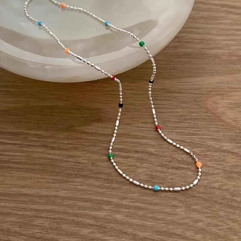 Halskette Aus 925Er-Silber Mit Einfachen Geometrischen Mehrfarbigen Perlen, Halsband, Glänzende, Zarte Schlüsselbeinkette Für Damen Halskette Aus 925Er-Silber Mit Einfachen Geometrischen Mehrfarbigen Perlen, Halsband, Glänzende, Zarte Schlüsselbeinkette Für Damen - Image 3