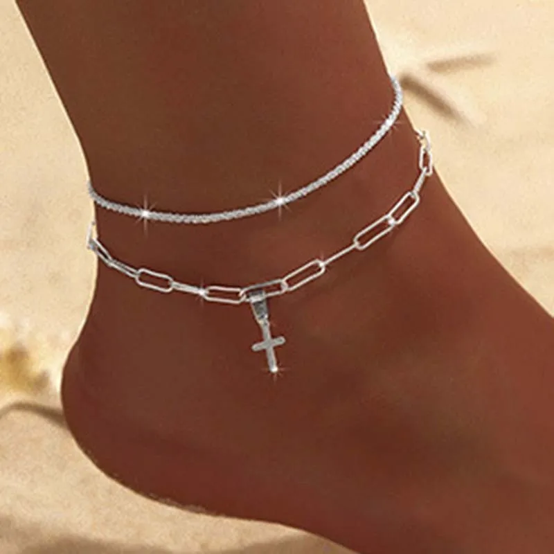 Funkelnde Dünne Kette Fußkettchen Für Frauen Zirkon Herz Kreuz Anhänger Doppelschicht Armband Am Bein Fuß Trendiger Sommer Strand Schmuck Funkelnde Dünne Kette Fußkettchen Für Frauen Zirkon Herz Kreuz Anhänger Doppelschicht Armband Am Bein Fuß Trendiger Sommer Strand Schmuck - Image 6