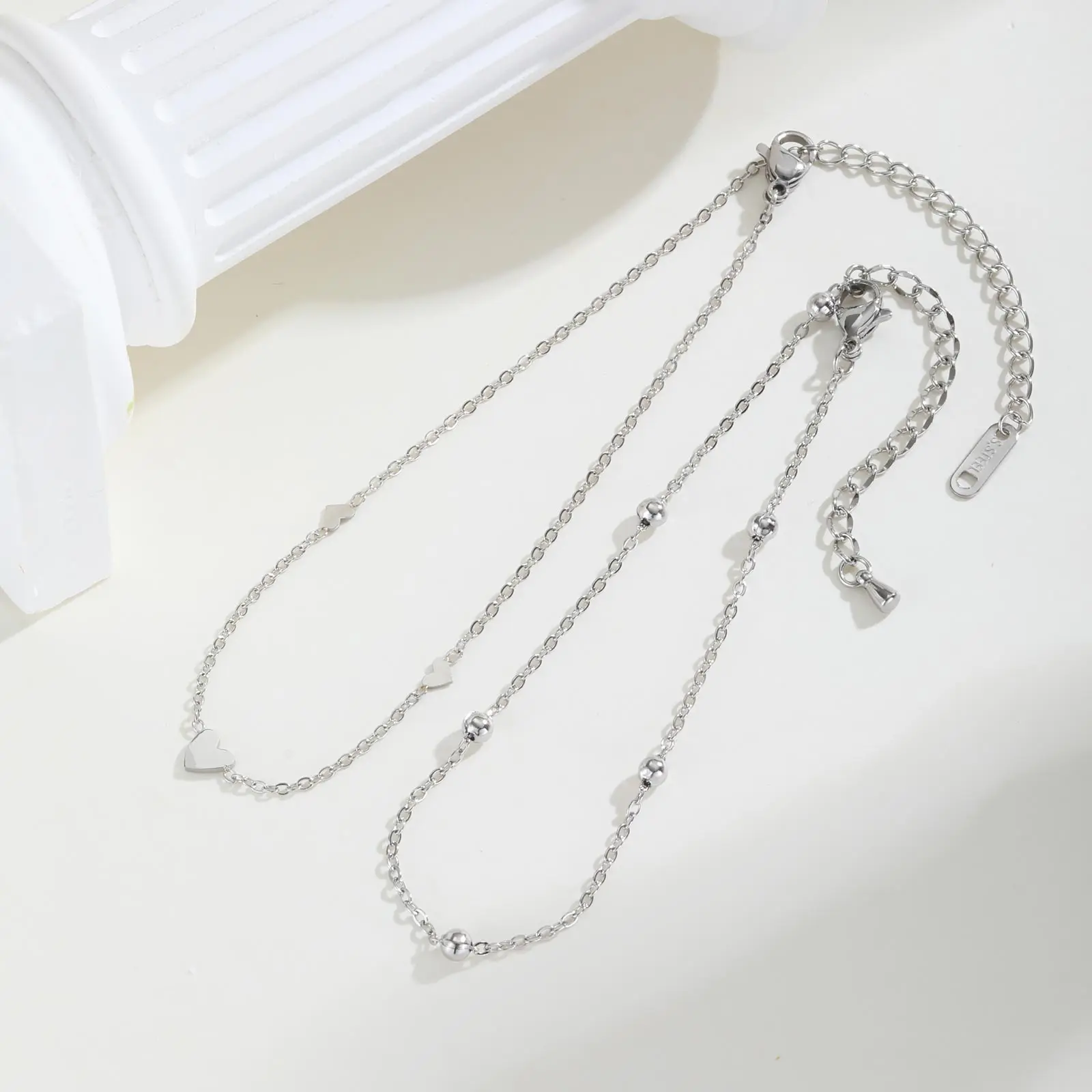 Mehrschichtiges Fußkettchen-Set Für Damen Und Mädchen, Edelstahl Herzperlen Doppelkette Fußschmuck, Verstellbares Sommer-Strand-Geschenk Mehrschichtiges Fußkettchen-Set Für Damen Und Mädchen, Edelstahl Herzperlen Doppelkette Fußschmuck, Verstellbares Sommer-Strand-Geschenk - Image 5