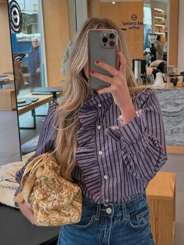Süße Frauen Rüschen Plaid Lila Shirts 2025, Mode Damen Casual Stehkragen Blusen Für Party Weibliche Elegante Tops Kleidung Süße Frauen Rüschen Plaid Lila Shirts 2025, Mode Damen Casual Stehkragen Blusen Für Party Weibliche Elegante Tops Kleidung - Image 5
