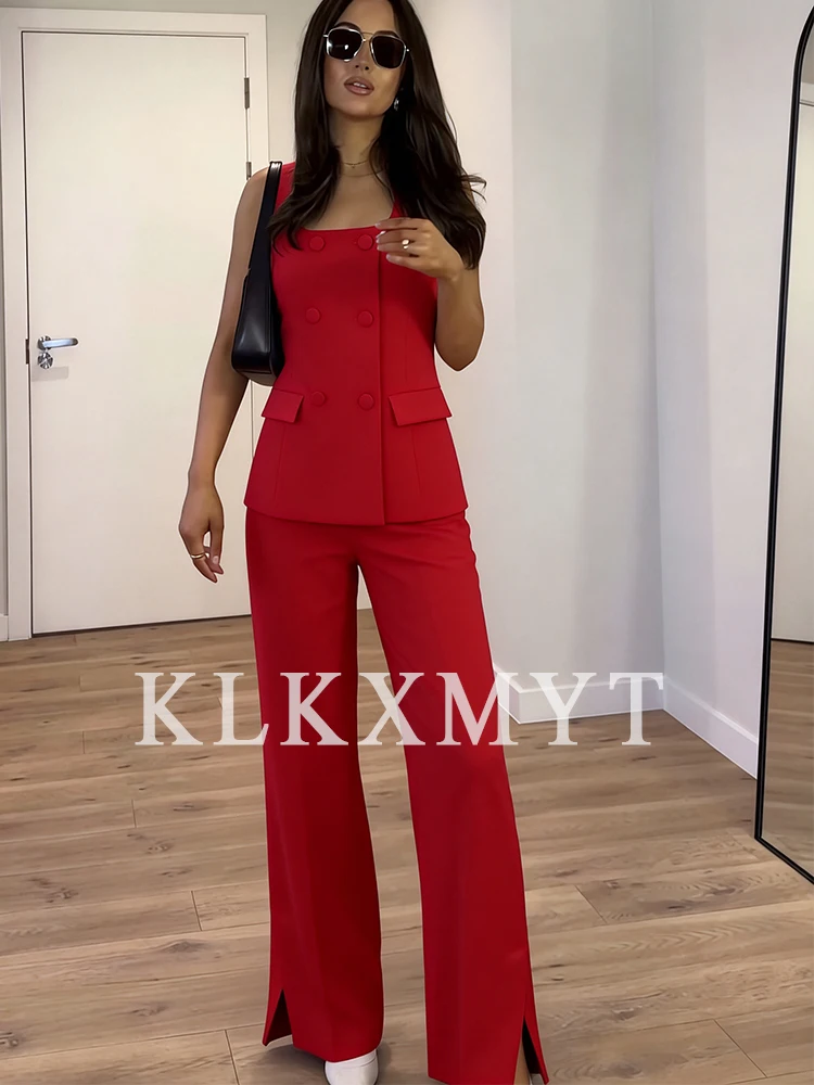 Frauen 2-Teiliges Set Neue Mode Büro Weste Top + Split Gerade Bein Hosen Frauen Anzug Formale Zwei Stück Set Frauen Outfit Frauen 2-Teiliges Set Neue Mode Büro Weste Top + Split Gerade Bein Hosen Frauen Anzug Formale Zwei Stück Set Frauen Outfit - Image 2