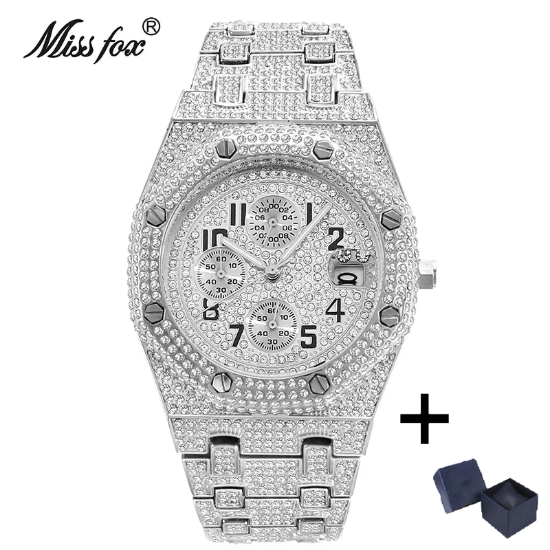 Modemarke Missfox Luxus Uhren Männer Automatische Datum Wasserdichte Quarzuhr Hip Hop Eis Diamant Schmuck Armbanduhr Mann Modemarke Missfox Luxus Uhren Männer Automatische Datum Wasserdichte Quarzuhr Hip Hop Eis Diamant Schmuck Armbanduhr Mann - Image 8