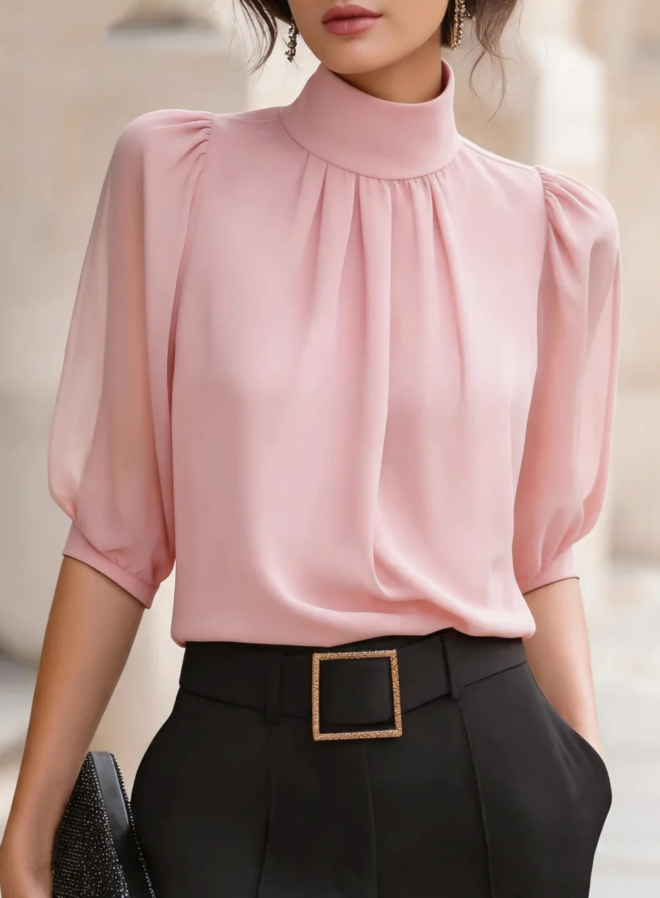 Halbärmelige, Plissierte Chiffonbluse Mit Stehkragen Für Damen, Elegantes Büro-Oberteil Für Damen, Frühling/Sommer, Locker Geschnittenes, Modisches Hemd Halbärmelige, Plissierte Chiffonbluse Mit Stehkragen Für Damen, Elegantes Büro-Oberteil Für Damen, Frühling/Sommer, Locker Geschnittenes, Modisches Hemd - Image 6
