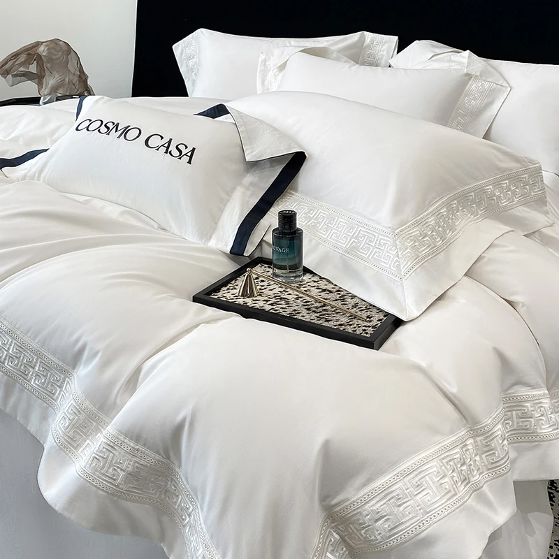 600Tc Egyptian Cotton White Luxury Embroidery Hotel Style Bedding Set Duvet Cover Set Flat/Fitted Bed Sheet Pillowcases 4Pcs 600Tc Egyptian Cotton White Luxury Embroidery Hotel Style Bedding Set Duvet Cover Set Flat/Fitted Bed Sheet Pillowcases 4Pcs