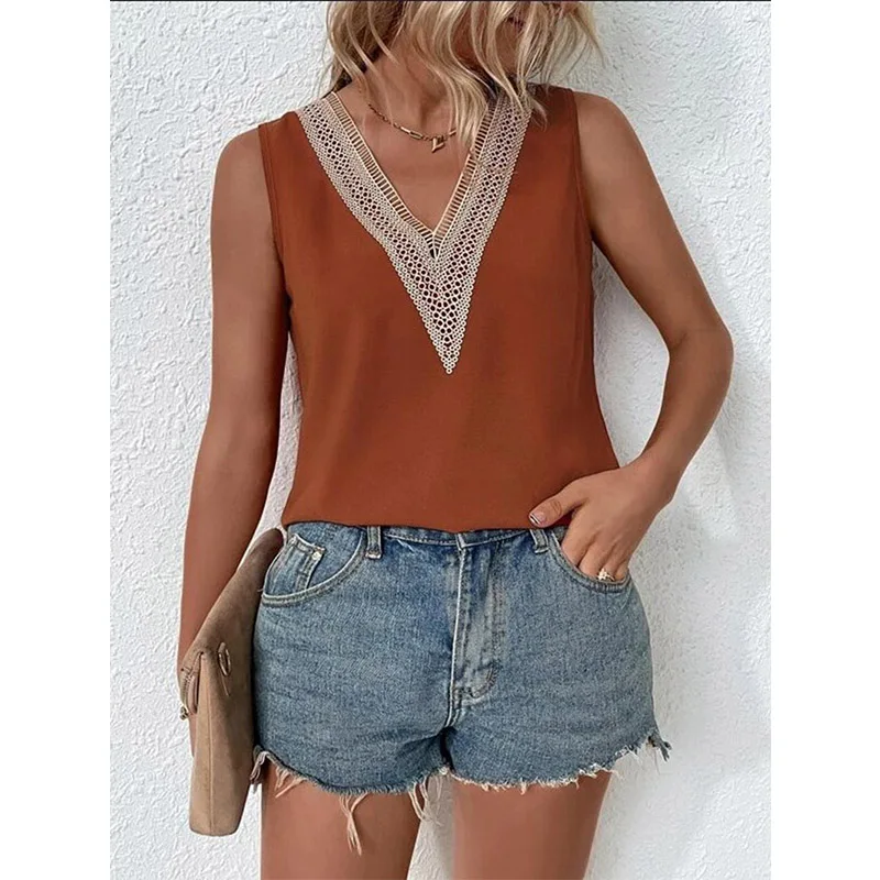 Ärmellose V-Ausschnitt Spitze Patchwork Bluse Frauen Lose Aushöhlen Sommer T Shirt Casual Streetwear Tsnk Top Ärmellose V-Ausschnitt Spitze Patchwork Bluse Frauen Lose Aushöhlen Sommer T Shirt Casual Streetwear Tsnk Top - Image 12