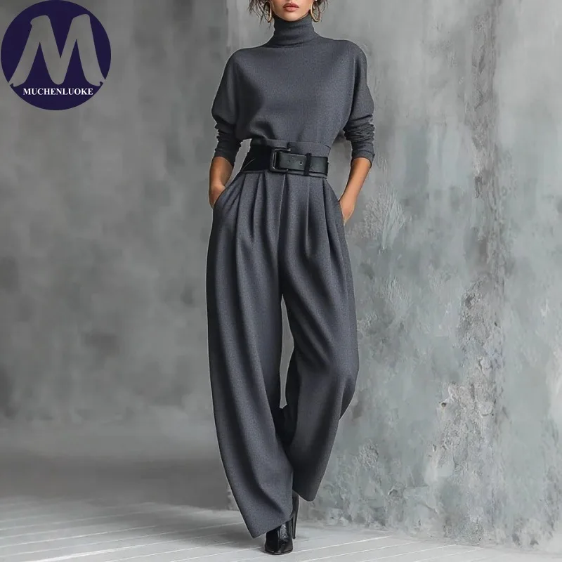 Damen High-Waist Wide-Leg Hosen-Set Frühling Herbst Mode Slim Fit Oberteil Und Gürtel 2-Teiliges Outfit Langarm Hochgeschlossenes Design Damen High-Waist Wide-Leg Hosen-Set Frühling Herbst Mode Slim Fit Oberteil Und Gürtel 2-Teiliges Outfit Langarm Hochgeschlossenes Design