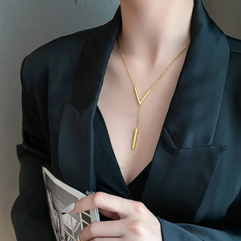 Simple V-Shaped Long Sexy Clavicle Necklace Gold Color Long Neck Chain Women Vertical Bar Pendant Necklace Party Jewelry Gifts Simple V-Shaped Long Sexy Clavicle Necklace Gold Color Long Neck Chain Women Vertical Bar Pendant Necklace Party Jewelry Gifts - Image 4
