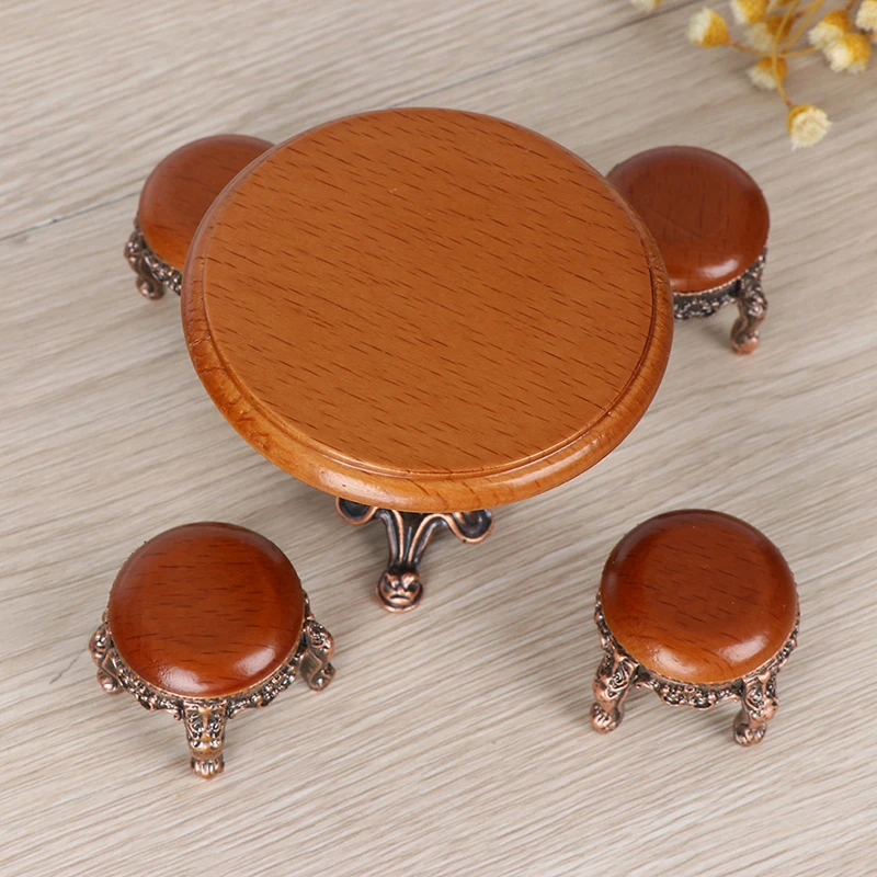 1:12 Dollhouse Miniature Furniture Wooden Round Kitchen Side Table And Stool 1:12 Dollhouse Miniature Furniture Wooden Round Kitchen Side Table And Stool - Image 3