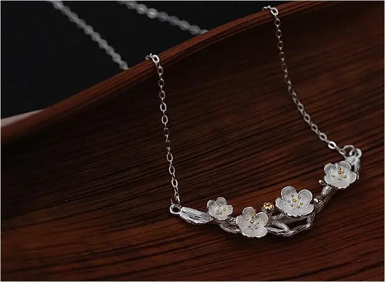 Silberhalsketten, Anhänger Und Halsketten Mit Pflaumenblütenmotiv, Schmuck, Colar De Plata Silberhalsketten, Anhänger Und Halsketten Mit Pflaumenblütenmotiv, Schmuck, Colar De Plata - Image 8
