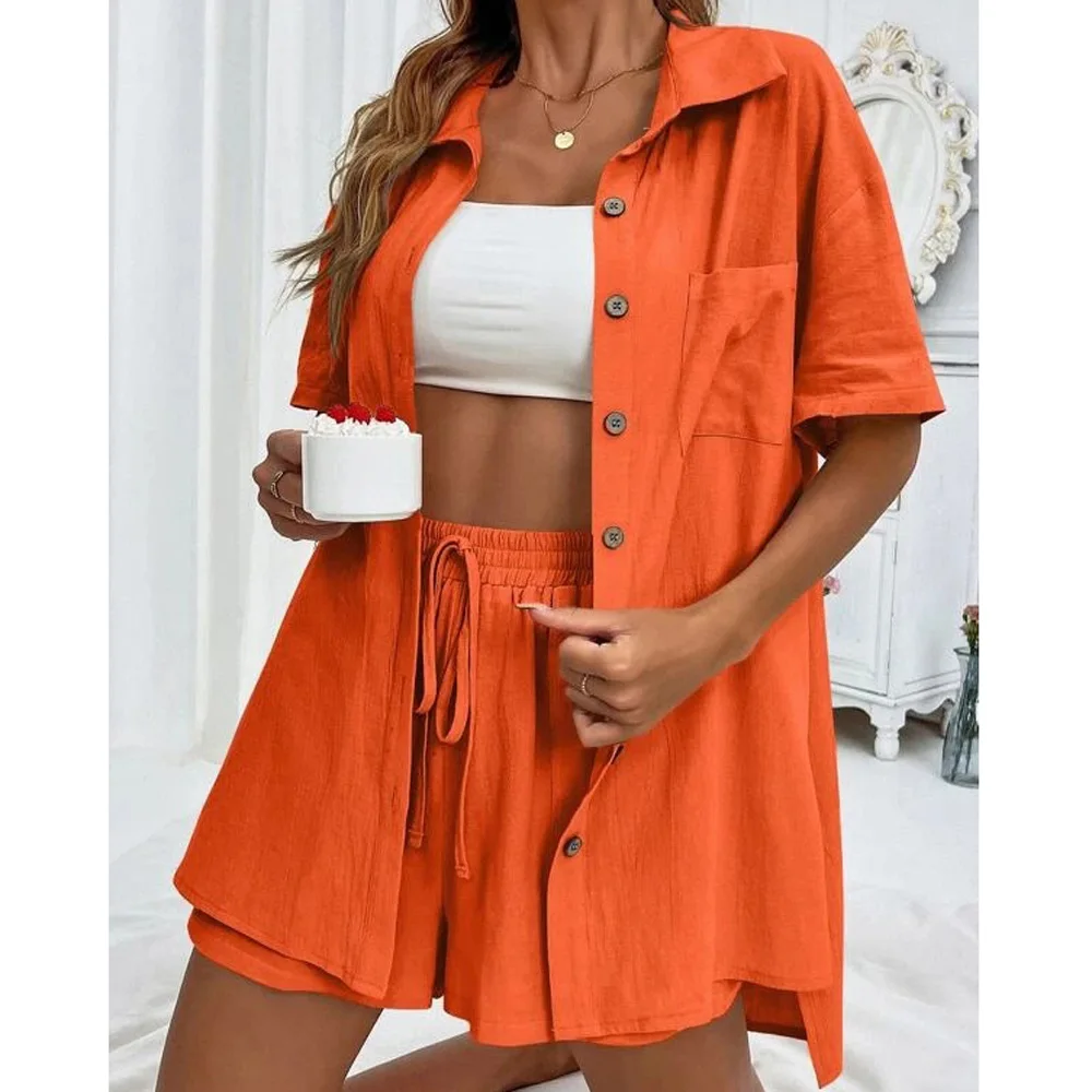 Langarm Einreiher Top Breitbeinige Shorts Set Mode Damen Sexy Solide Anzüge 2024 Sommer 2-Teilige Outfits Für Frauen Langarm Einreiher Top Breitbeinige Shorts Set Mode Damen Sexy Solide Anzüge 2024 Sommer 2-Teilige Outfits Für Frauen