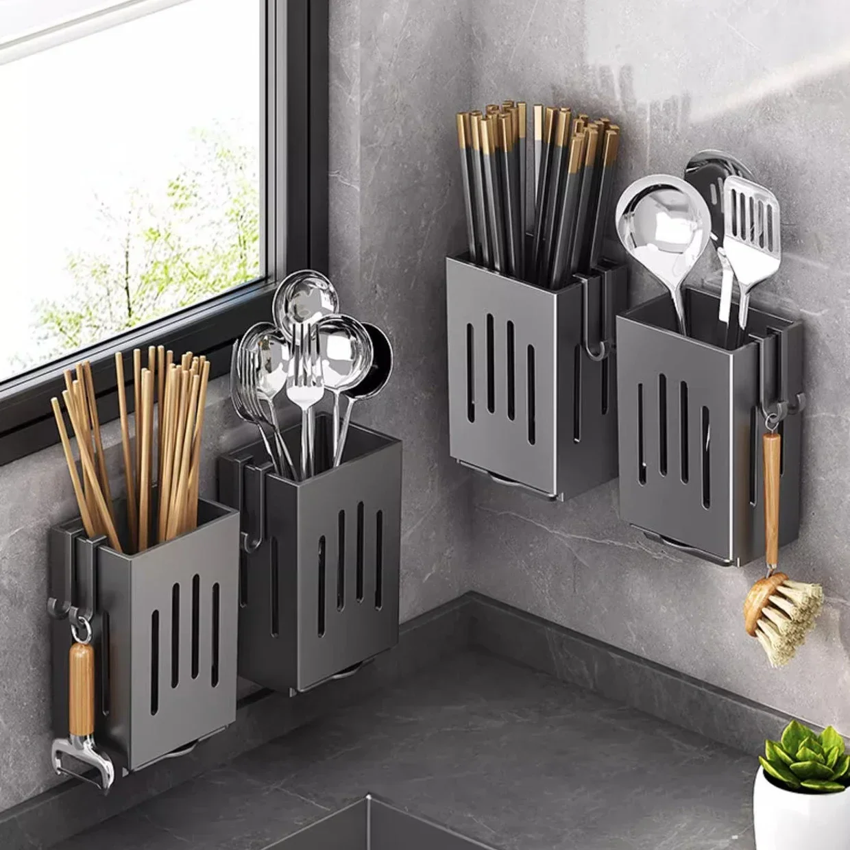 Chopsticks Storage Box Draining Hanging Rack Kitchen Wall Mounted Utensil Holder No Drill Spoon Fork Chopsticks Caddy Chopsticks Storage Box Draining Hanging Rack Kitchen Wall Mounted Utensil Holder No Drill Spoon Fork Chopsticks Caddy - Image 2