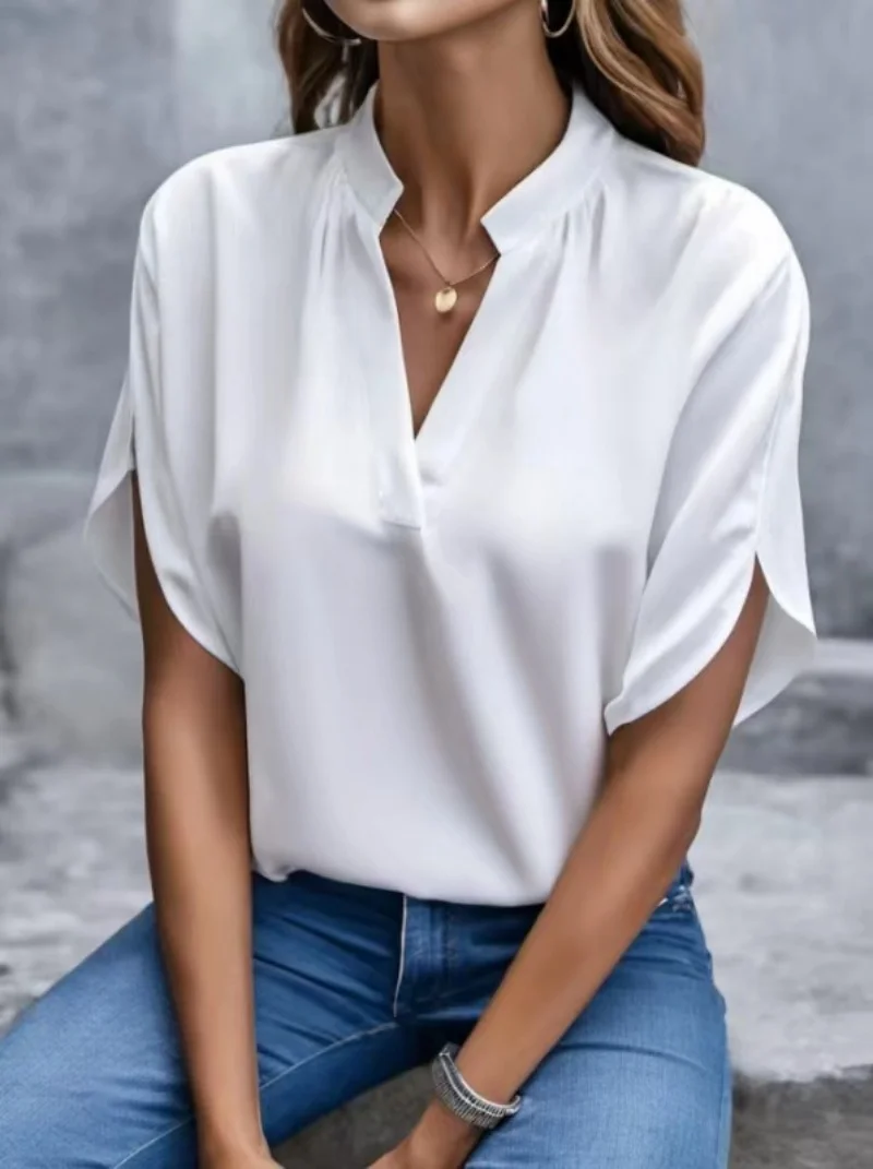 V-Ausschnitt Kurzarm Lockere Bluse Damen Casual Einfarbiges Oberteil Büro-Dame Elegantes Sommer-Shirt Übergröße Pullover Tops V-Ausschnitt Kurzarm Lockere Bluse Damen Casual Einfarbiges Oberteil Büro-Dame Elegantes Sommer-Shirt Übergröße Pullover Tops - Image 3