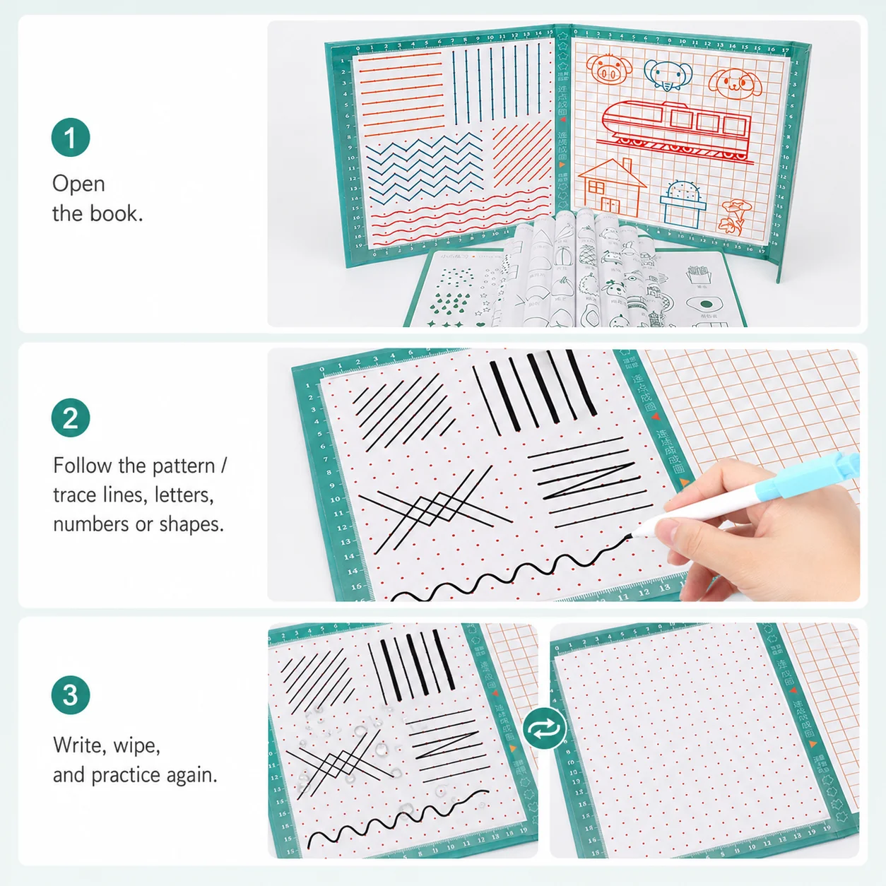 Kids Tracing Drawing Book Reusable Dry Erase Writing Practice Board Montessori Educational Toy With Marker Ages 3+ Kids Tracing Drawing Book Reusable Dry Erase Writing Practice Board Montessori Educational Toy With Marker Ages 3+ - Image 2