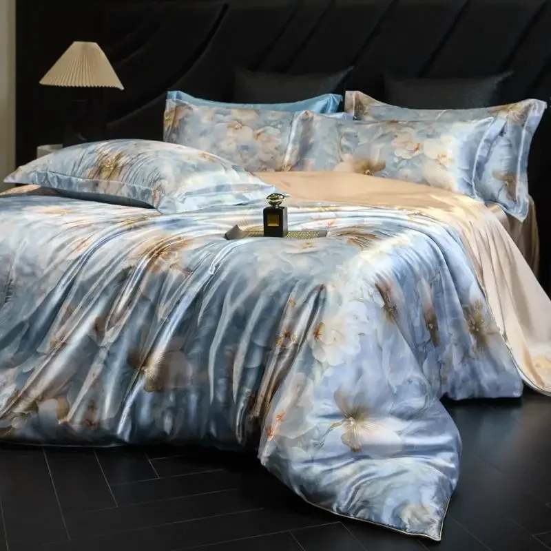 100% Natural Mulberry Silk Fitted Sheet Bedding Sets 3D Printed Satin Cooling Quilt Cover Set For Summer Single Double Bed Kit 100% Natural Mulberry Silk Fitted Sheet Bedding Sets 3D Printed Satin Cooling Quilt Cover Set For Summer Single Double Bed Kit - Image 10