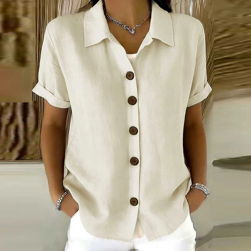 Elegante Damen-Sommerblusen Aus Baumwolle Und Leinen, Kurzarm, Reverskragen, Knopfleiste, Einfarbig, Lockeres Hemd, Lässige Damenbluse, Cardigan-Oberteile Elegante Damen-Sommerblusen Aus Baumwolle Und Leinen, Kurzarm, Reverskragen, Knopfleiste, Einfarbig, Lockeres Hemd, Lässige Damenbluse, Cardigan-Oberteile - Image 9
