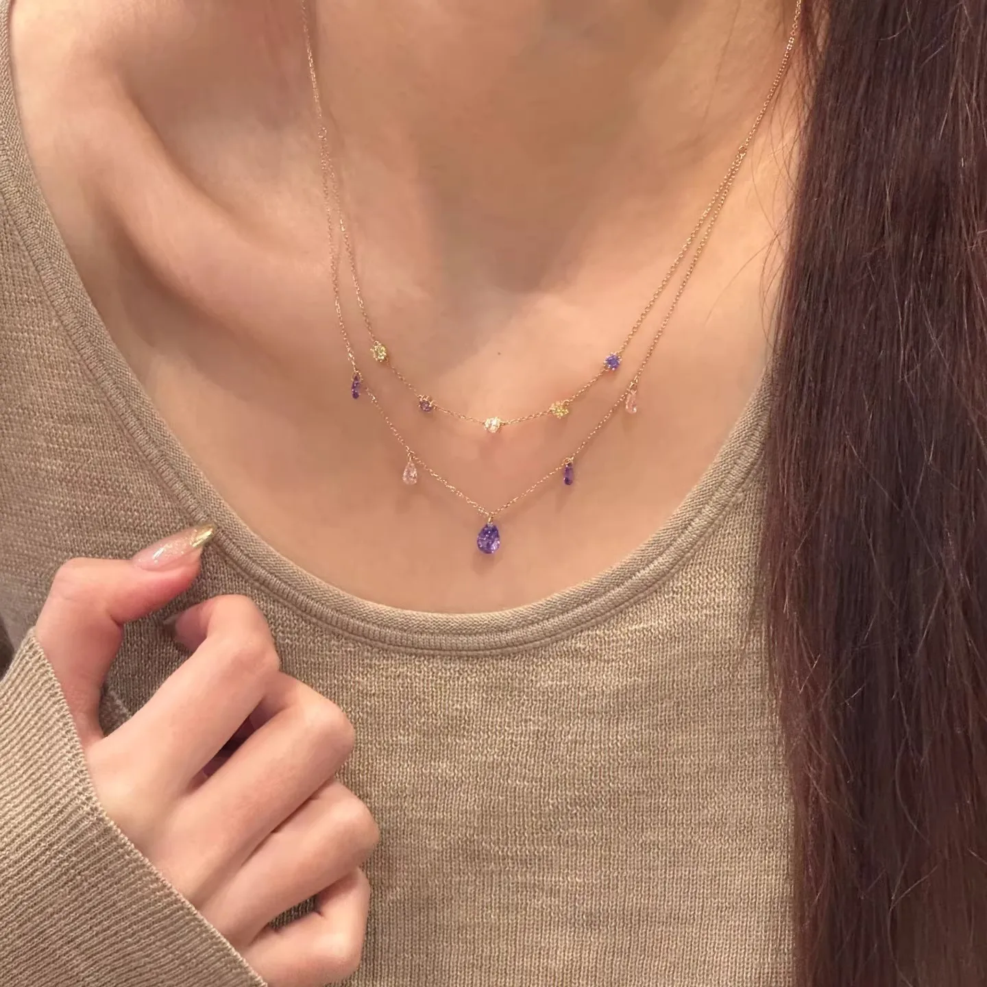 Zierliche Mehrfarbige Edelstein-Tropfenkette Für Damen Vergoldete Mehrlagige Schlüsselbeinkette Funkelnder Zirkon-Anhänger Schmuckgeschenk Zierliche Mehrfarbige Edelstein-Tropfenkette Für Damen Vergoldete Mehrlagige Schlüsselbeinkette Funkelnder Zirkon-Anhänger Schmuckgeschenk - Image 4