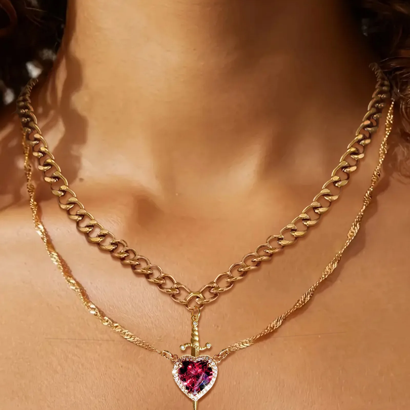 Herz- Und Schwert-Halskette, Paar-Halsketten, Zirkon-Kristall, Ring, Armband, Halskette, Schmuckset Für Romantische Valentinstagsgeschenke Herz- Und Schwert-Halskette, Paar-Halsketten, Zirkon-Kristall, Ring, Armband, Halskette, Schmuckset Für Romantische Valentinstagsgeschenke - Image 3