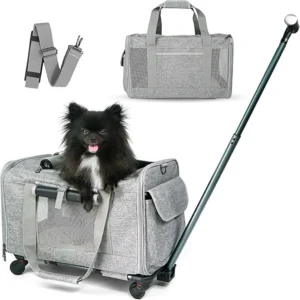 Pet Carrier with Wheels for Dogs Up To 15lbs & Cat  Airline Approved Dog Carrier Rolling Pet Carrier Foldable Pet Stroller