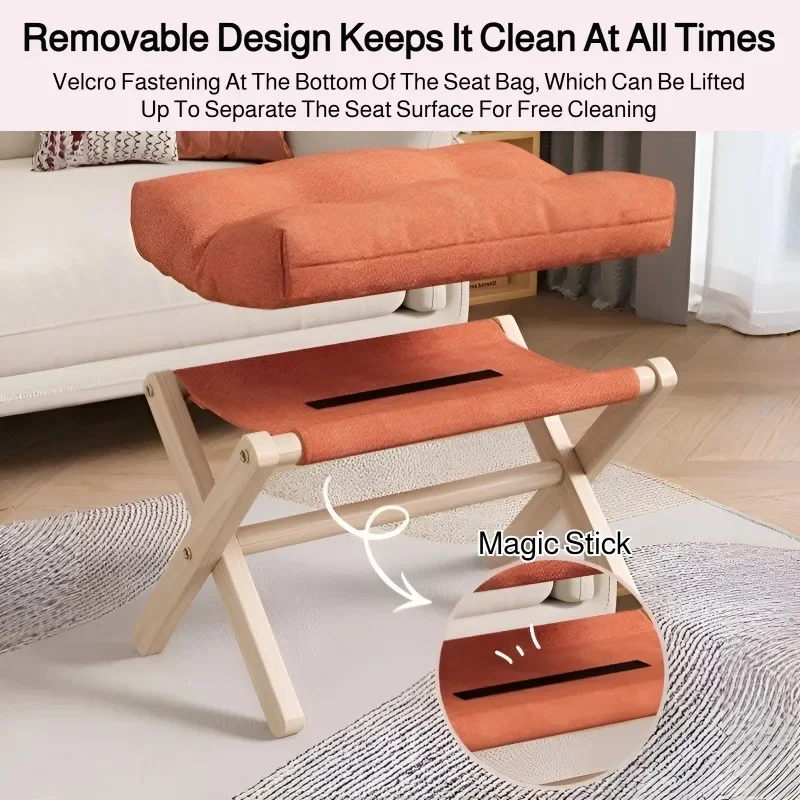 Solid Wood Folding Shoe Changing Stool With Cotton Filled Cushion, Portable Low Footstool For Entryway &Amp; Sofa Rest Solid Wood Folding Shoe Changing Stool With Cotton Filled Cushion, Portable Low Footstool For Entryway &Amp; Sofa Rest - Image 2