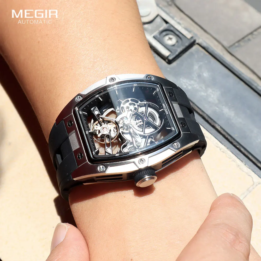 Megir Männer Armbanduhr Mode Schwarz Wasserdichte Automatische Mechanische Uhr Mit Leuchtenden Zeigern Silikon Armband Tonneau Zifferblatt Megir Männer Armbanduhr Mode Schwarz Wasserdichte Automatische Mechanische Uhr Mit Leuchtenden Zeigern Silikon Armband Tonneau Zifferblatt - Image 3