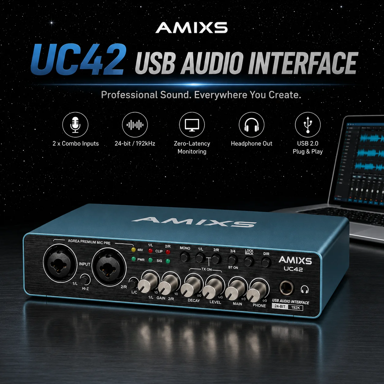 Amixs Uc42 Audio Interface Usb – Externe Soundkarte Für Pc-Aufnahmen, Audioausrüstung &Amp; Professionelle Videoanwendungen Audio Interface