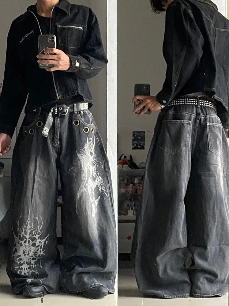 American New Fashion Oversized Pattern Printed Washed Jeans Men Y2K Gothic Rock Popular Casual Joker High Waist Wide Leg Pants American New Fashion Oversized Pattern Printed Washed Jeans Men Y2K Gothic Rock Popular Casual Joker High Waist Wide Leg Pants