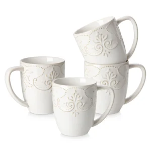 MALACASA GISELLE 4/8-teiliges Porzellan-Tassenset 14 Unzen Retro Relief Kaffeetassenset Keramik-Becher-Set für Milch/Cappuccino Zwei Optionen