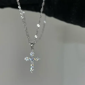 Silver Color Zircon Cross Pendant Necklace for Women Shiny Rhinestone Collar Necklaces 2025 Trend Christmas Jewelry