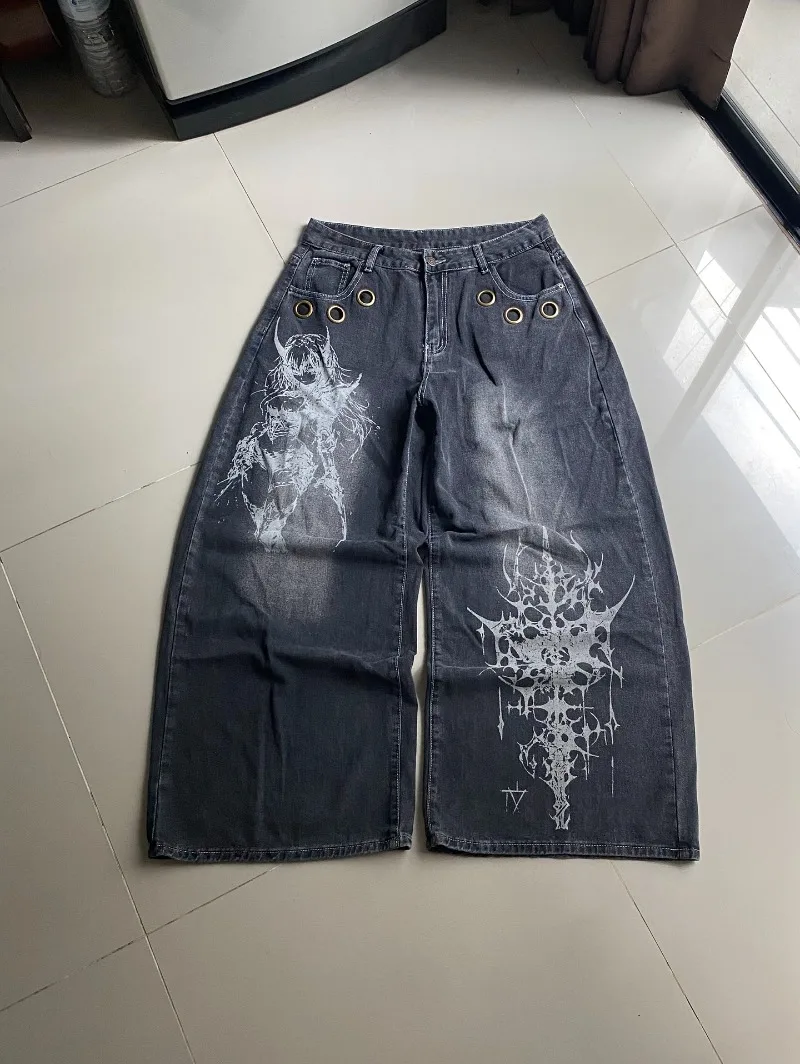 American New Fashion Oversized Pattern Printed Washed Jeans Men Y2K Gothic Rock Popular Casual Joker High Waist Wide Leg Pants American New Fashion Oversized Pattern Printed Washed Jeans Men Y2K Gothic Rock Popular Casual Joker High Waist Wide Leg Pants - Image 3