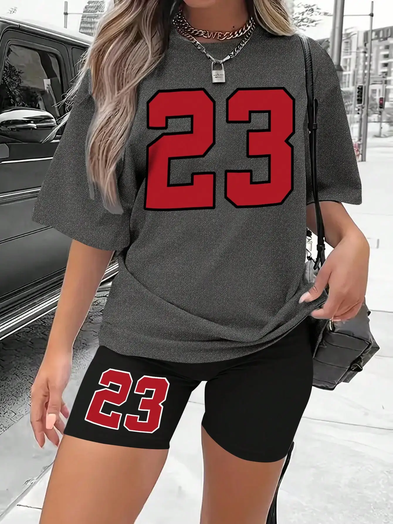 Damen Sommer-Set Nummer 23 Bedrucktes Casual Shorts-Set Sport Damen-Shirt Shorts 2-Teiliges Streetwear-Set Damen Sommerkleidung Damen Sommer-Set Nummer 23 Bedrucktes Casual Shorts-Set Sport Damen-Shirt Shorts 2-Teiliges Streetwear-Set Damen Sommerkleidung - Image 6