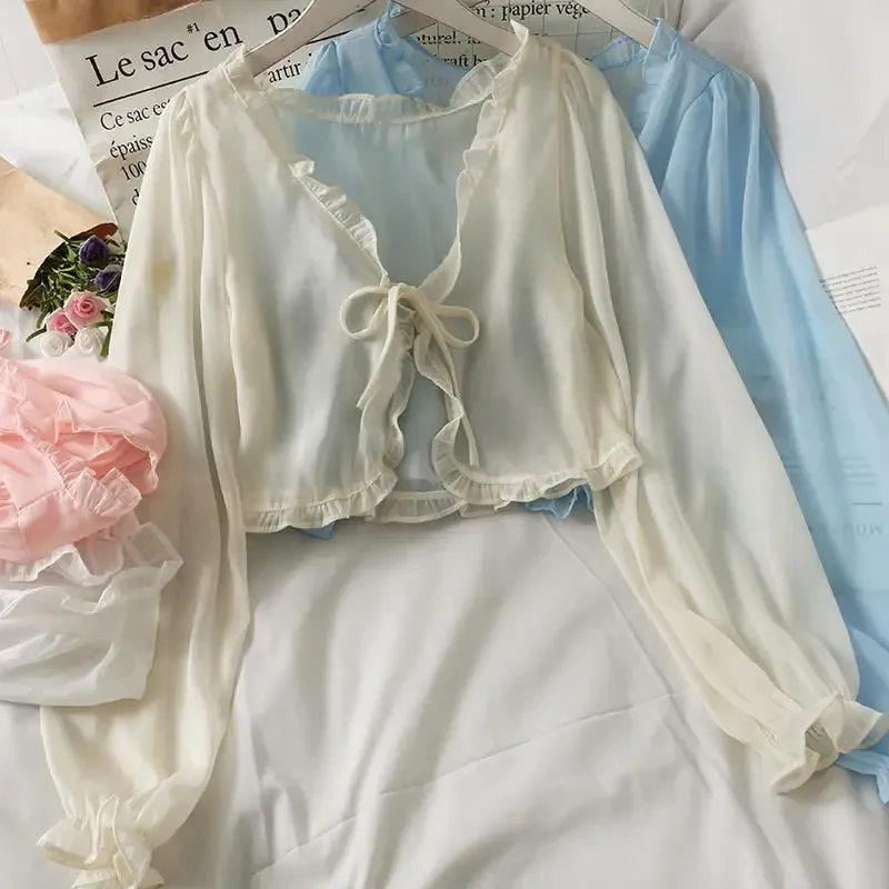 Frauen Sommer Sonnenschutz Mantel Spitze Bogen Rüschen Strickjacke Hemd Weibliche Bluse Tops Für Frau Abdeckungen Blusa Weiß Y2K Koreanische Hemd Frauen Sommer Sonnenschutz Mantel Spitze Bogen Rüschen Strickjacke Hemd Weibliche Bluse Tops Für Frau Abdeckungen Blusa Weiß Y2K Koreanische Hemd