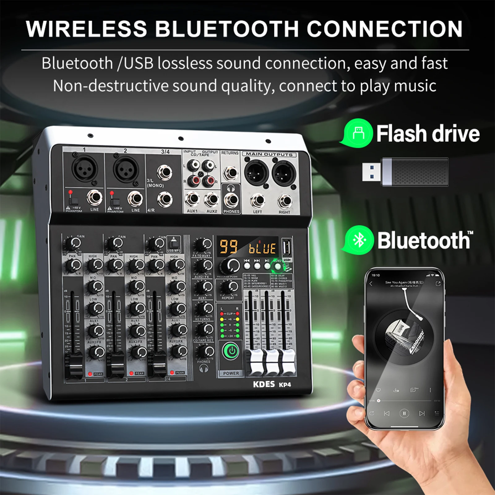 Kdes Kp4 4-Kanal-Audiomischpult Mit 99 Dsp-Effekten, Bluetooth, Usb &Amp; 48 V Phantomspeisung Für Karaoke, Pc-Aufnahmen Und Dj-Anwendungen Kdes Kp4 4-Kanal-Audiomischpult Mit 99 Dsp-Effekten, Bluetooth, Usb &Amp; 48 V Phantomspeisung Für Karaoke, Pc-Aufnahmen Und Dj-Anwendungen - Image 4