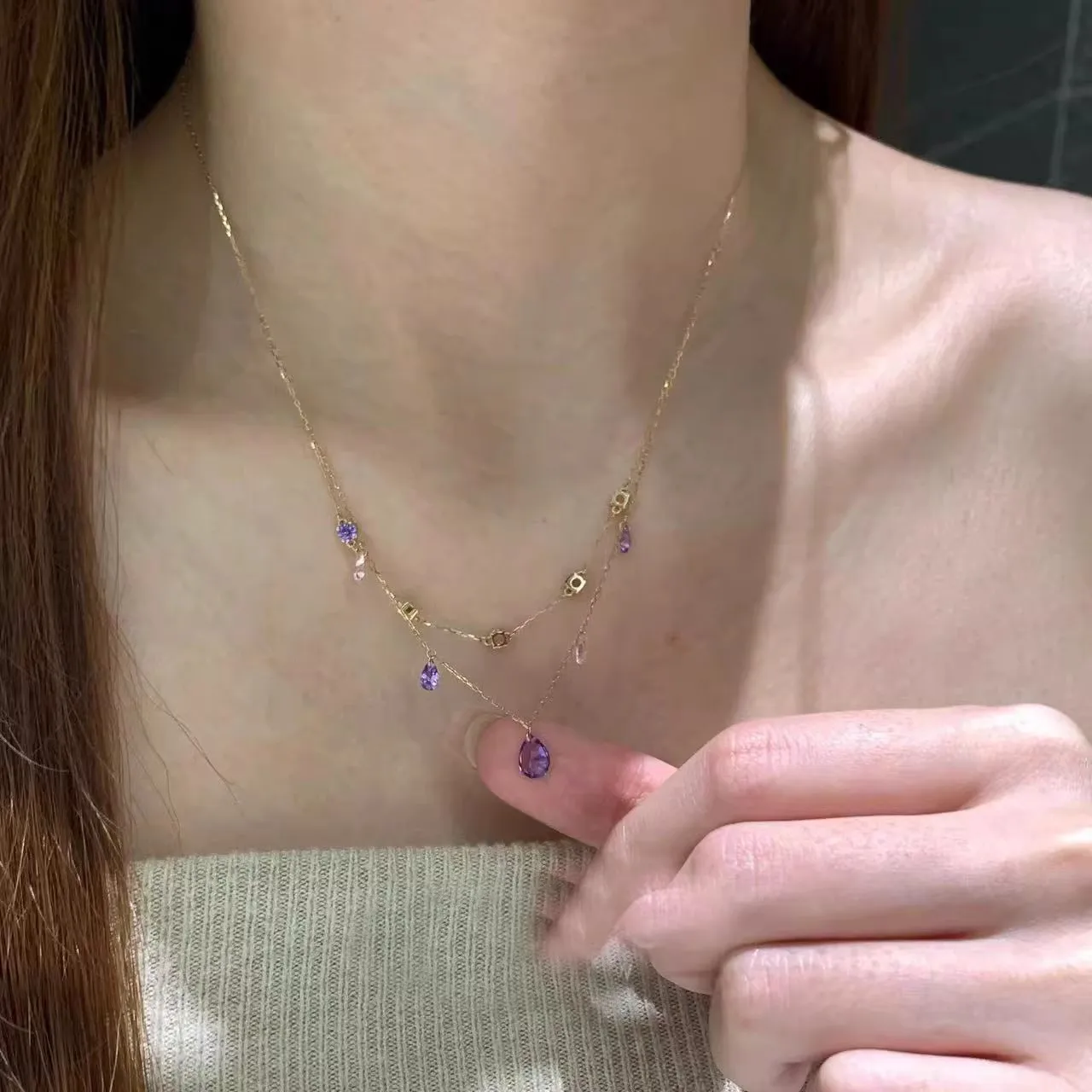 Zierliche Mehrfarbige Edelstein-Tropfenkette Für Damen Vergoldete Mehrlagige Schlüsselbeinkette Funkelnder Zirkon-Anhänger Schmuckgeschenk Zierliche Mehrfarbige Edelstein-Tropfenkette Für Damen Vergoldete Mehrlagige Schlüsselbeinkette Funkelnder Zirkon-Anhänger Schmuckgeschenk - Image 3