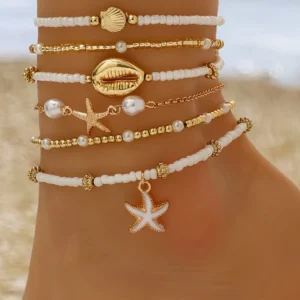 6 teile/satz Mode Stapelbar Seestern Shell Anhänger Perlen Fußkettchen Set Für Frauen Strand Schmuck Zubehör