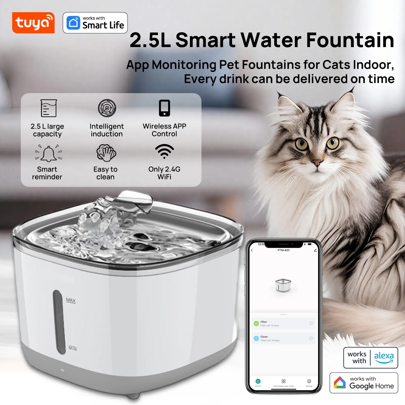 Katzen-Wasserbrunnen, 2,5 L/84 Oz Tuya Smart App Haustier-Wasserbrunnen, Automatischer Wasserspender Für Katzen Im Inneren Mit Sus304-Schüssel Katzen-Wasserbrunnen, 2,5 L/84 Oz Tuya Smart App Haustier-Wasserbrunnen, Automatischer Wasserspender Für Katzen Im Inneren Mit Sus304-Schüssel - Image 8