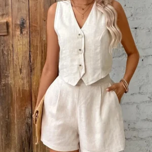 2026 frauen Feste Beiläufige Zwei Stück Sets Mode Sexy V-ausschnitt Ärmellose Weste Tops und Shorts Anzug Frauen Sommer Baumwolle leinen Sets