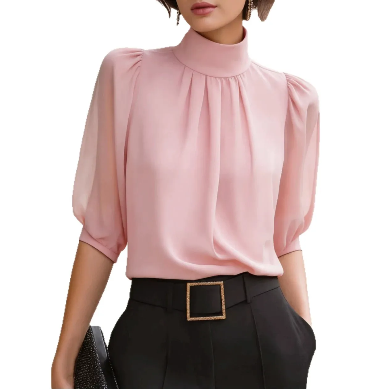Halbärmelige, Plissierte Chiffonbluse Mit Stehkragen Für Damen, Elegantes Büro-Oberteil Für Damen, Frühling/Sommer, Locker Geschnittenes, Modisches Hemd Halbärmelige, Plissierte Chiffonbluse Mit Stehkragen Für Damen, Elegantes Büro-Oberteil Für Damen, Frühling/Sommer, Locker Geschnittenes, Modisches Hemd - Image 5