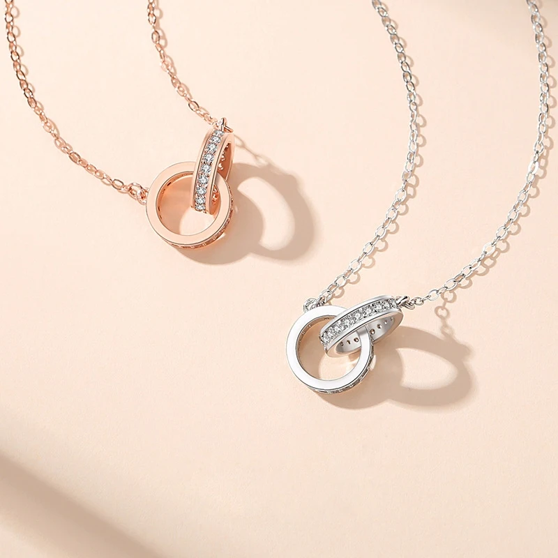 Neue Mode 925 Sterling Silber Doppel Runde Anhänger Halskette Rose Gold Strass Doppel Kreis Halskette Für Frauen Schmuck Geschenk Neue Mode 925 Sterling Silber Doppel Runde Anhänger Halskette Rose Gold Strass Doppel Kreis Halskette Für Frauen Schmuck Geschenk - Image 2